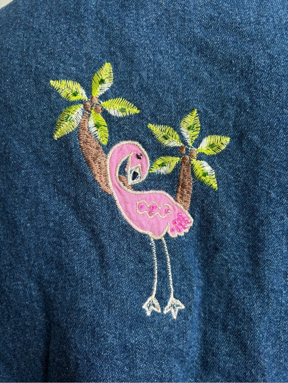 Sara Studio Flamingo Embroidered Denim Jacket Beaded Tropical Shirt Jacket Large - Picture 6 of 11